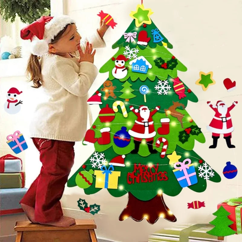 DIY sentiu árvore de natal com ornamento suspenso, luzes LED, presentes para crianças, decoração de ano novo, suprimentos de natal, 2024