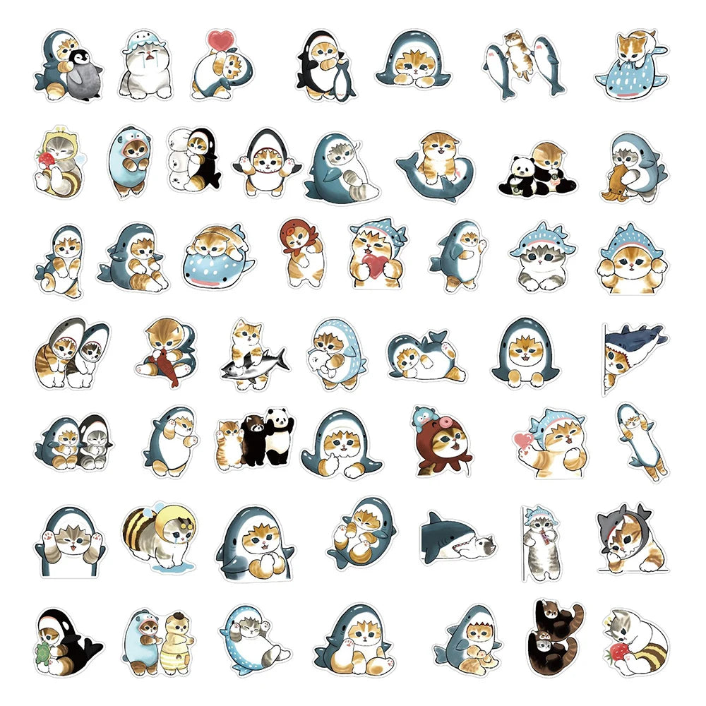 10/30/50 pçs bonito tubarão com capuz diversão gato adesivos decalques decoração mala scrapbooking portátil telefone papelaria brinquedo presente