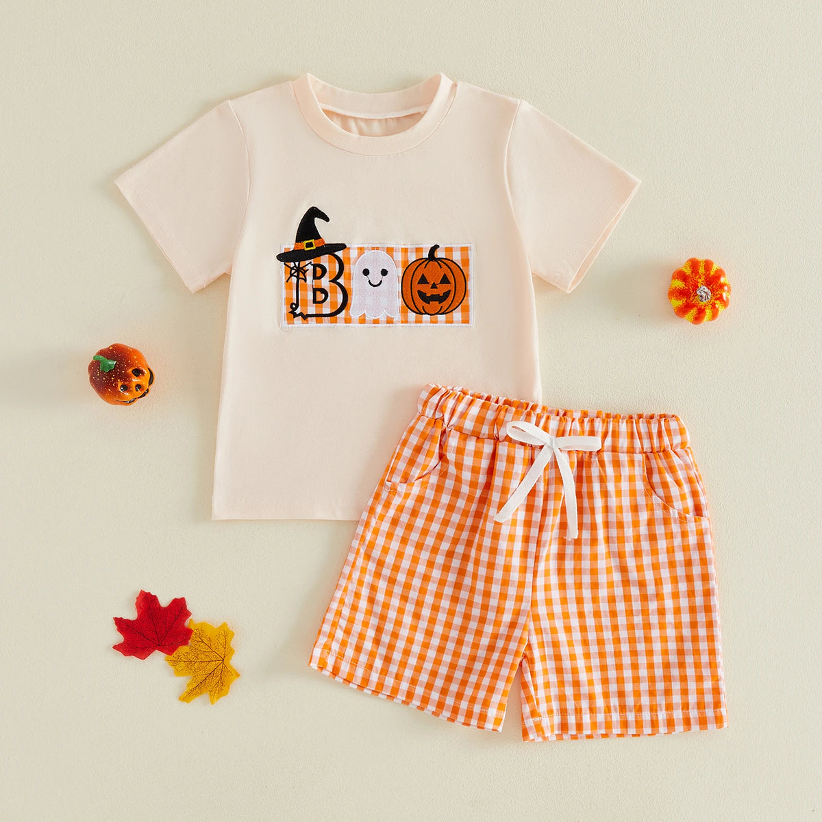 Citgeett Conjunto de roupas infantis de verão para Halloween, para bebês meninos, manga curta, bordado de abóbora, shorts xadrez