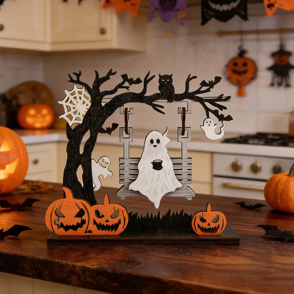Enfeite de Mesa de Madeira para Halloween, Decoração de Mesa com Esqueleto e Abóbora Coloridos para Festa de Halloween e Decoração de Mesa em Casa - Kasa & Pet