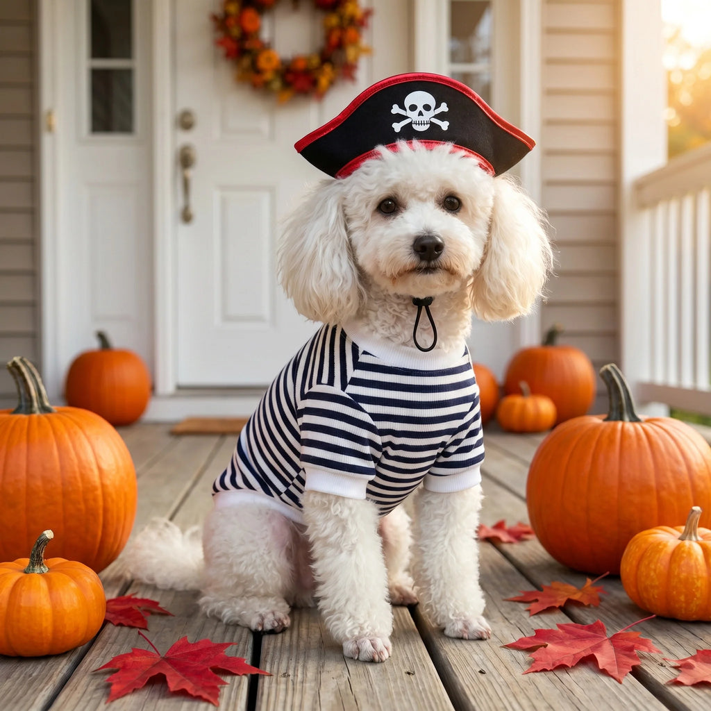 Conjunto de Fantasia de Pirata para Animais de Estimação com Chapéu de Caveira, Camiseta Listrada Preta e Branca para Cães e Gatos, Roupa de Cosplay Assustadora para Festas