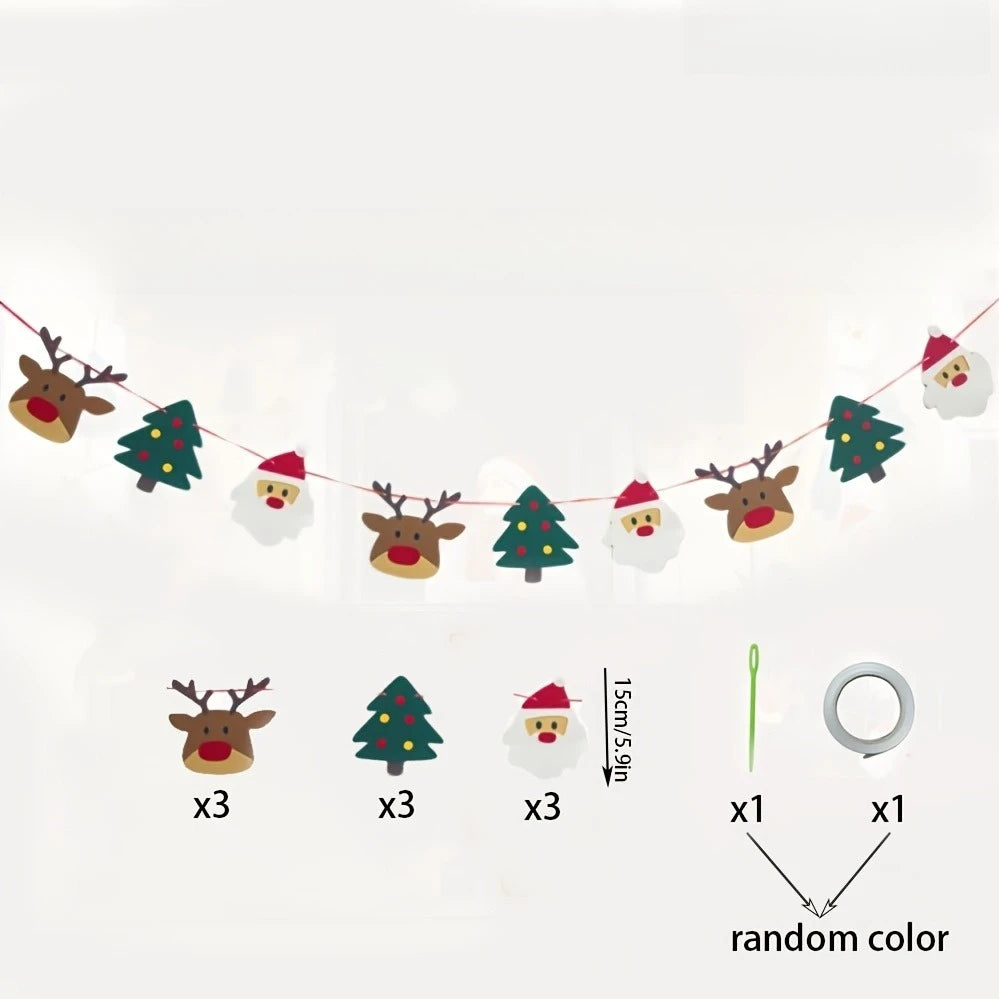 Guirlanda de feltro com tema natalino, incluindo renas, Papai Noel e enfeites de árvore de Natal, para pendurar em festas de inverno e celebrações natalinas.