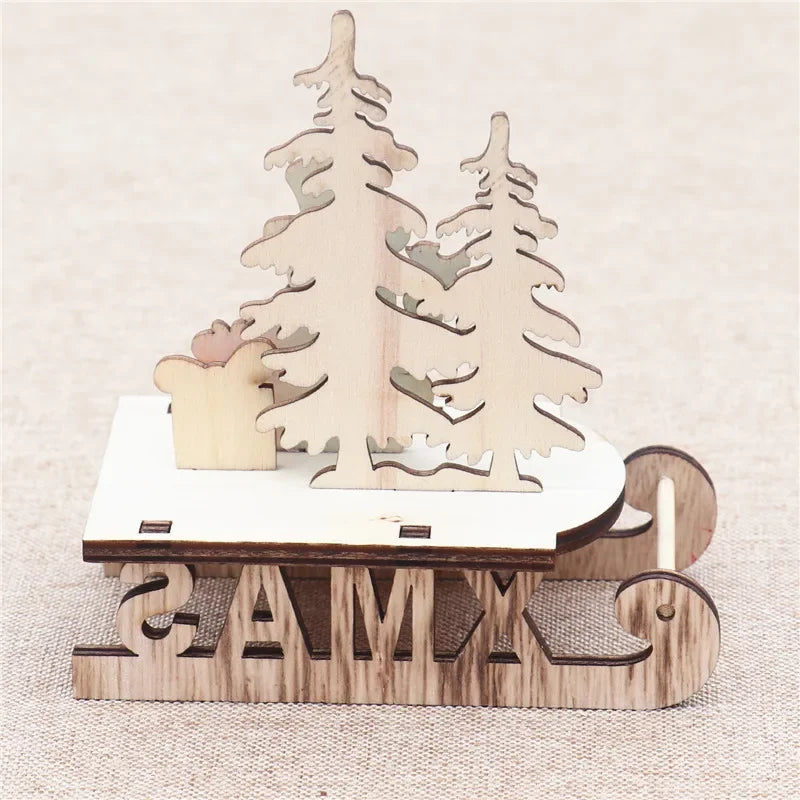 Decorações de natal de madeira diy trenó esqui dos desenhos animados santa ornamento de mesa presente das crianças pequeno presente