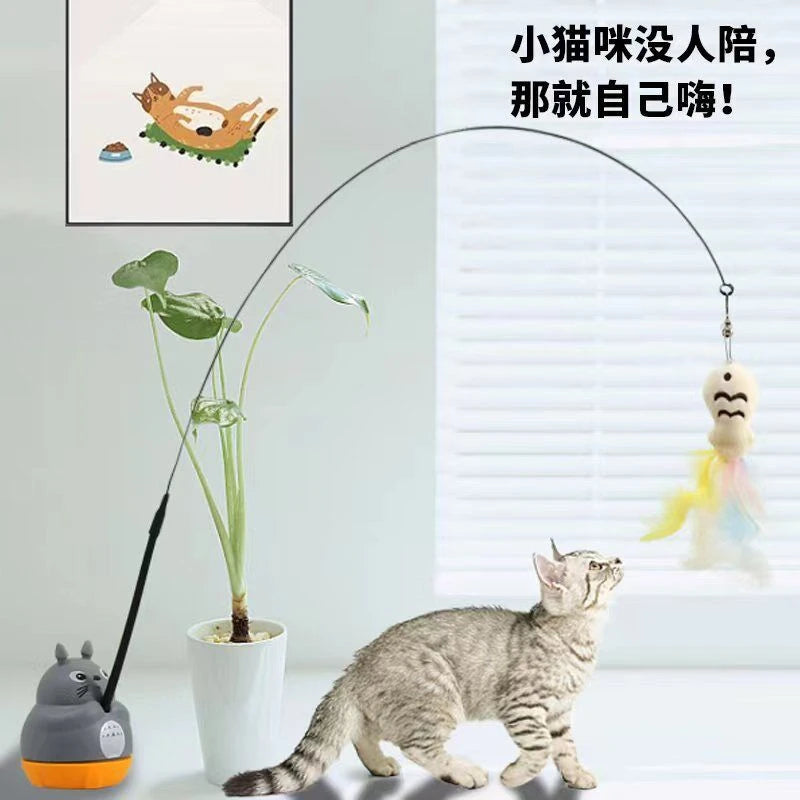 Varinha de Brincar para Gatos com Base Rotativa, Fio de Aço Longo e Pena, Brinquedo Interativo para Alívio do Estresse e Exercício em Ambientes Internos para Gatinhos