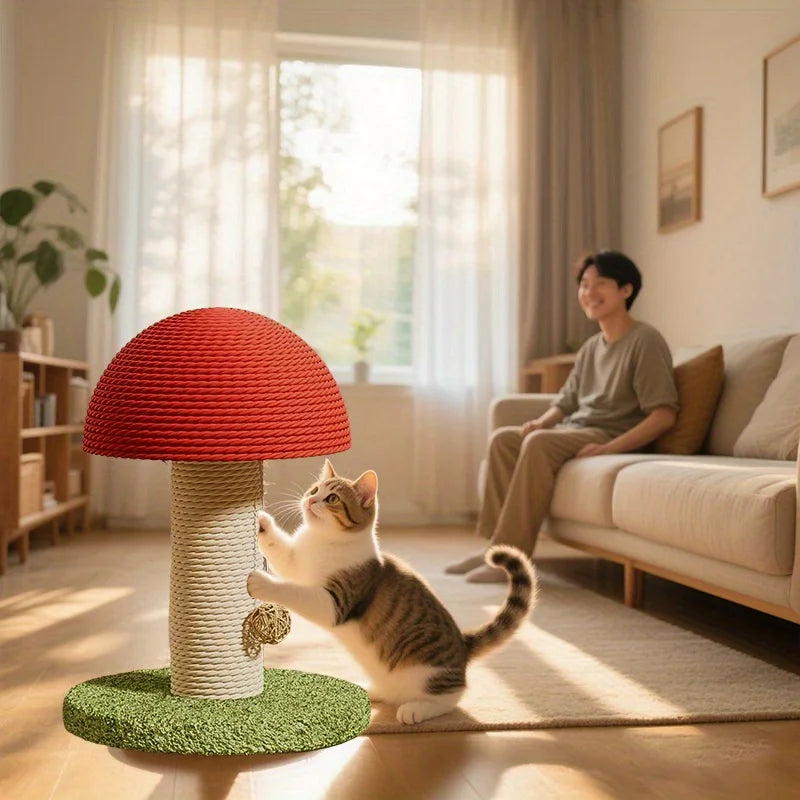 Tirador de gato em forma de cogumelo vermelho com almofada de sisal, mini vila para animais de estimação e base pom-pom verde