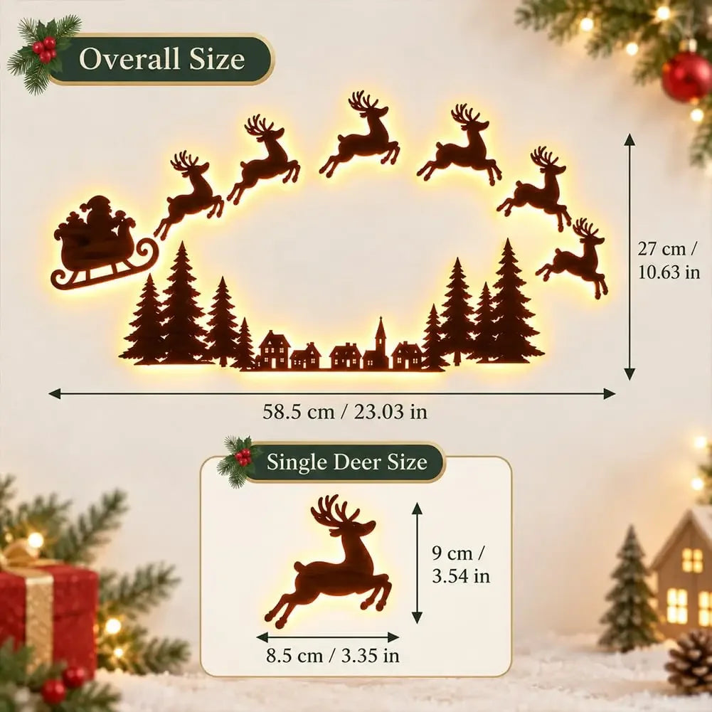 Decoração de parede natalina com luzes LED, trenó do Papai Noel, renas, árvore de pinheiro, encaixe recortado, para pendurar na moldura da porta, decoração para festas e celebrações em casa.