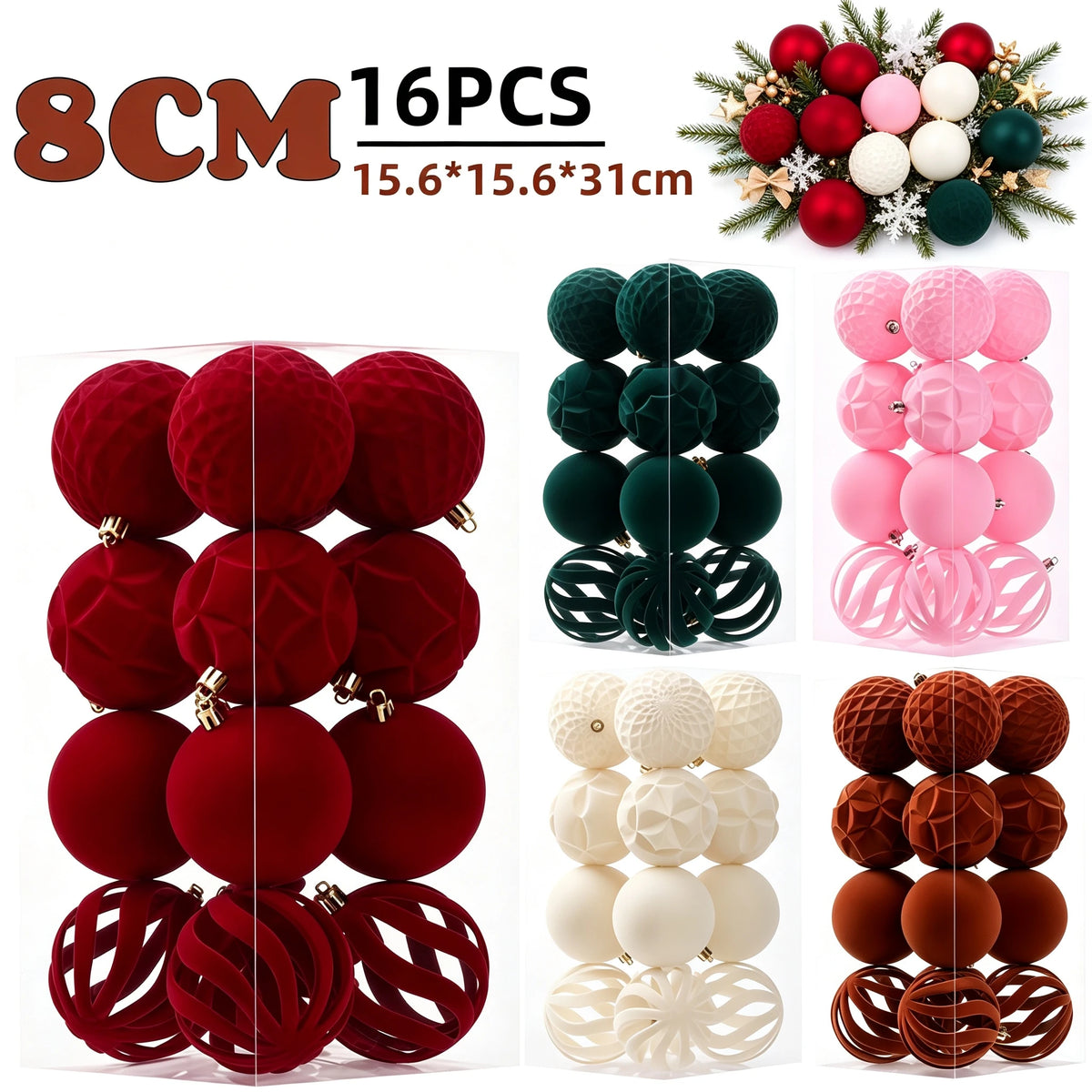 16 bolas de Natal de veludo, enfeites de 8 cm, bolas para pendurar na árvore de Natal, decoração para festas de Ano Novo e para a casa, Natal.