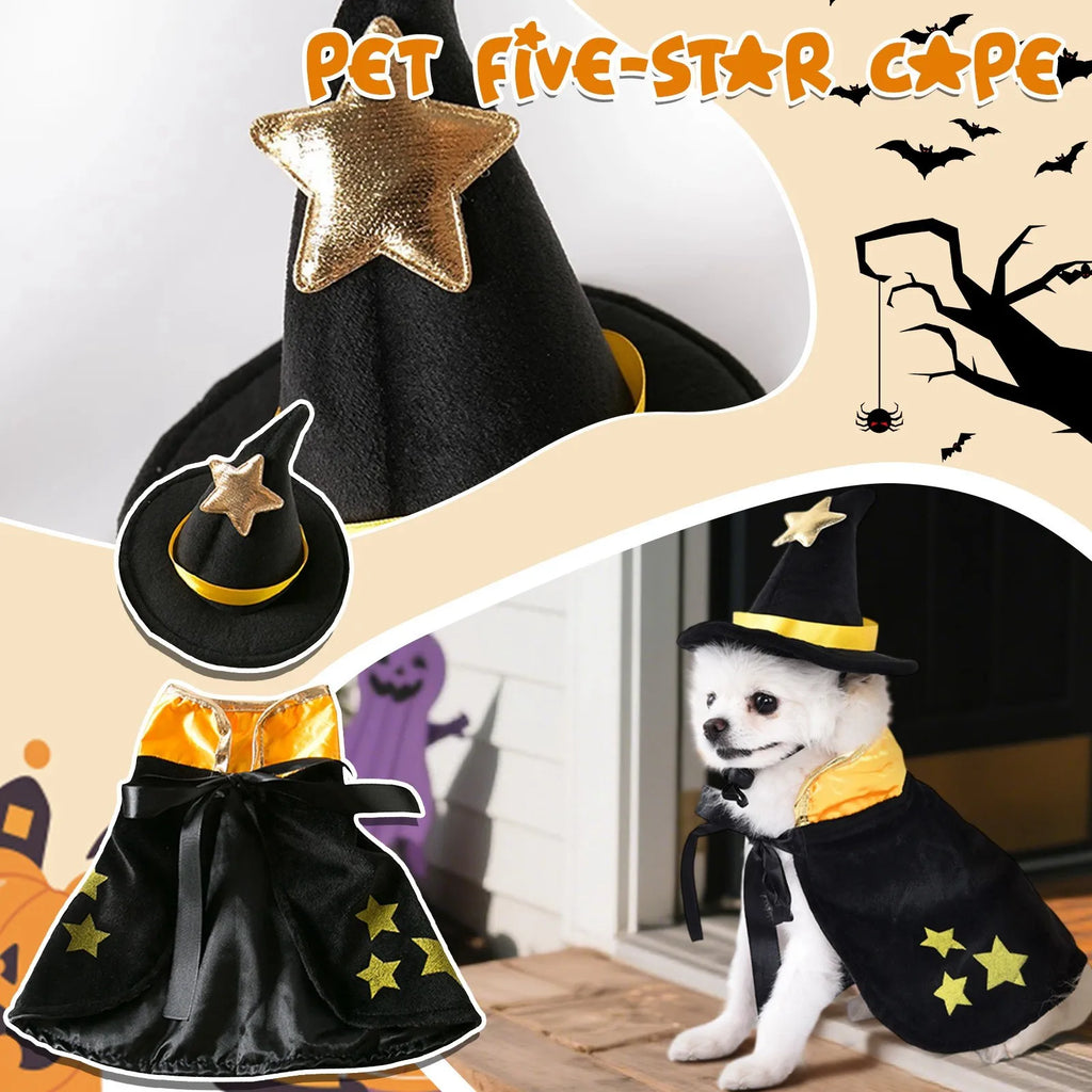 Halloween cão cosplay trajes engraçados roupas para animais de estimação ajustável cães cos conjuntos de capa com chapéu festa novidade vestir-se acessórios