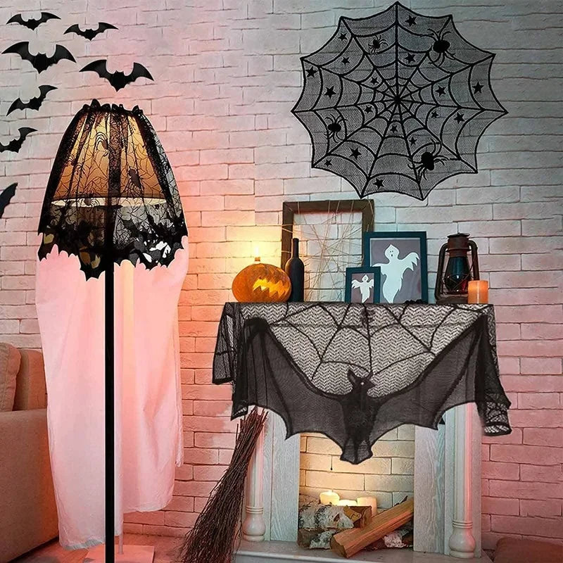Black Lace Bats Toalha de Mesa, Aranha Web Cortinas para Lareira, Halloween Party Decor, Horror Adereços, Abajur