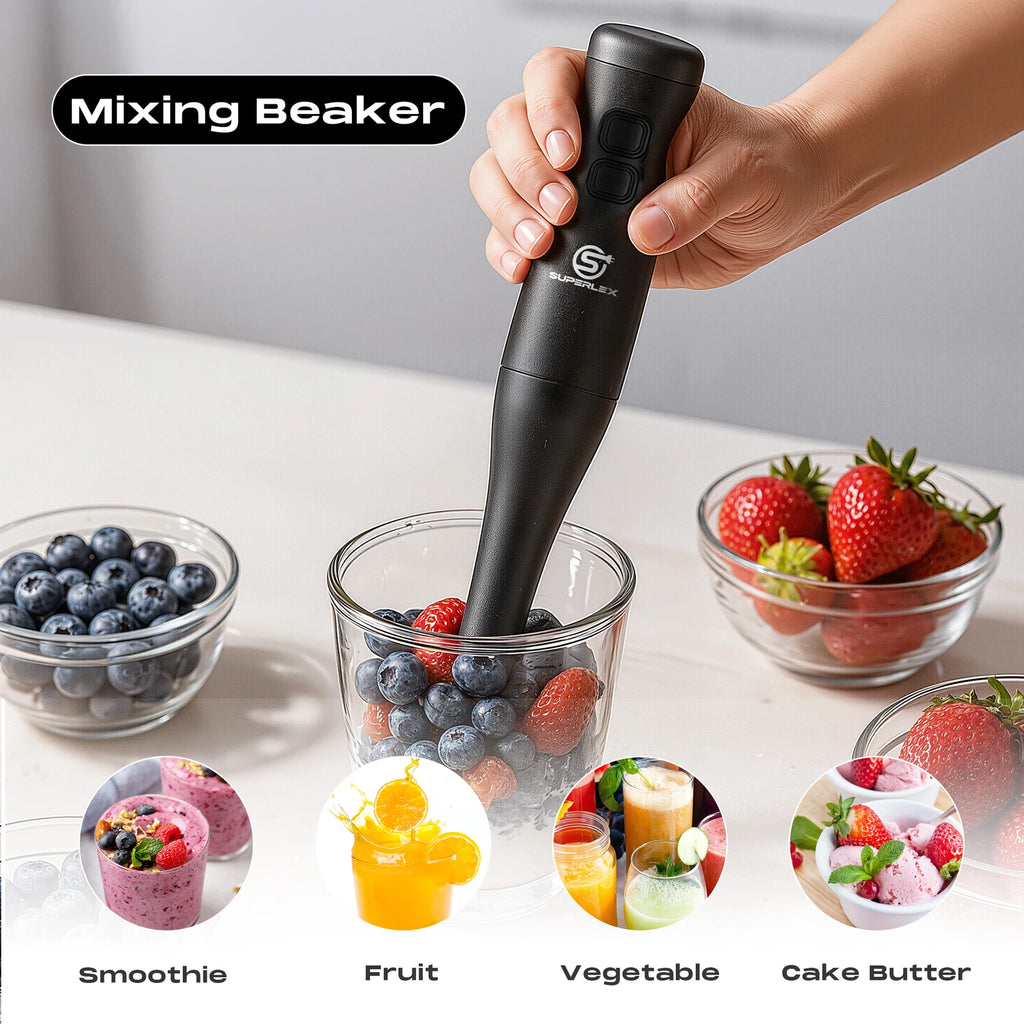 SUPERLEX 350W Mixer de Imersão 4 em 1, Conjunto de Mixer Elétrico Portátil com Batedor, Copo Medidor de 500ml e Picador de 700ml, Controle de 2 Velocidades para Sopas, Smoothies, Papinhas e Carne Moída