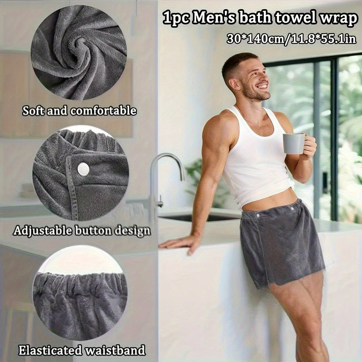 1 Peça de Toalha de Banho Masculina Macia e Vestível, Toalha Envolvente de Cor Sólida, Toalha de Praia, Toalha de Acampamento, Acessórios de Banho para Casa de Banho