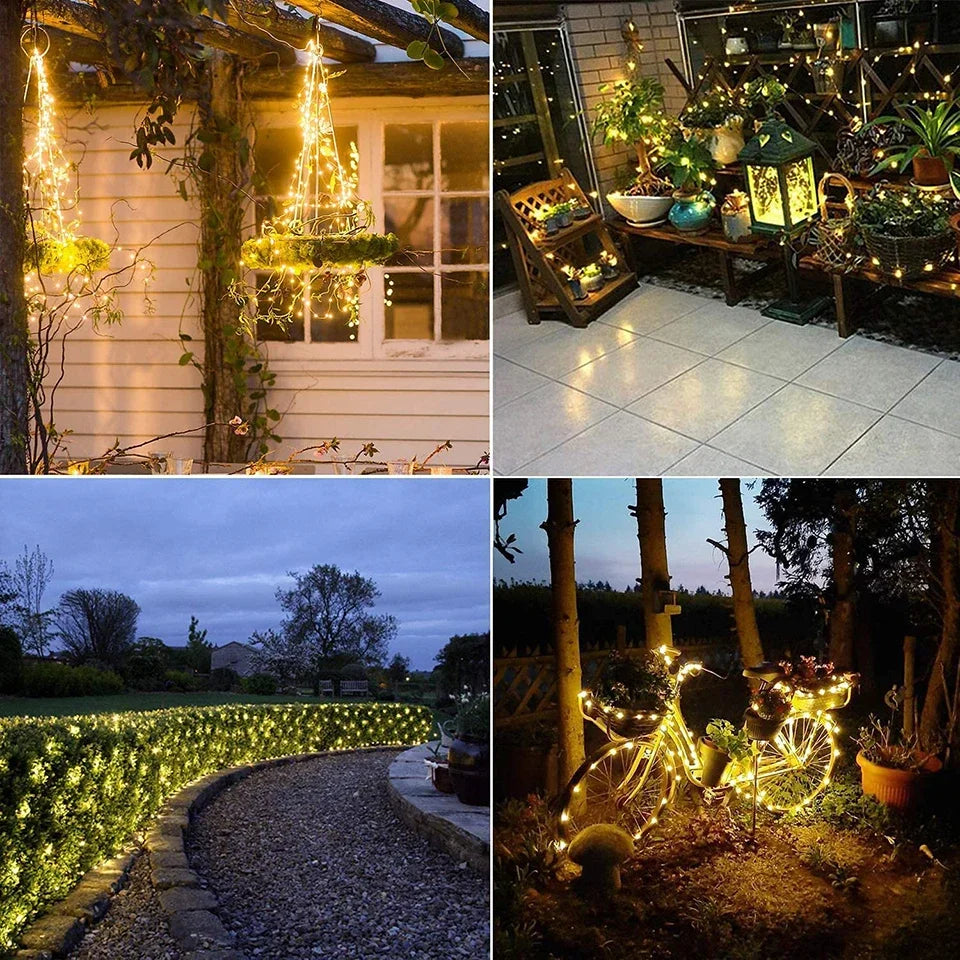Luz solar ao ar livre da corda led guirlanda de fadas 8 modo jardim quintal festa decoração natal lâmpada fio cobre