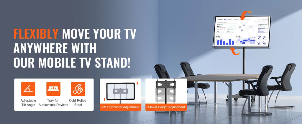 SucceBuy Suporte de TV móvel Suporte de TV com altura ajustável com rodas Bandeja dupla para dispositivos audiovisuais Suporte de TV rolante para quarto