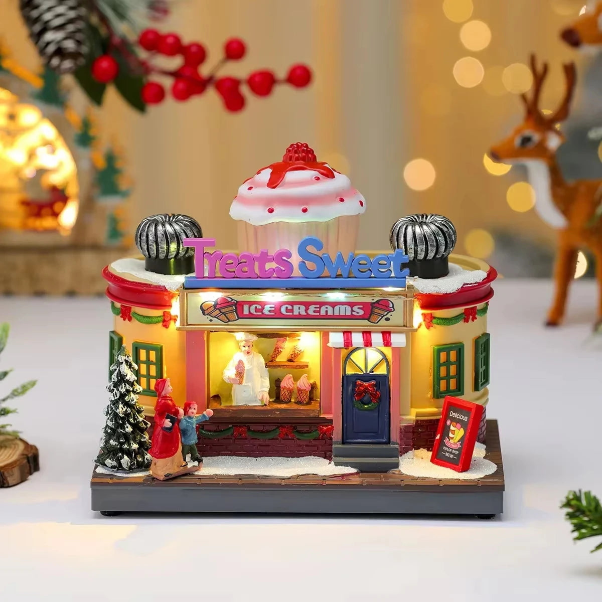 Caixa de Música Iluminada de Natal, Ornamento de Papai Noel em Resina, Caixa de Presente, Decoração de Natal para Casa, Cozinha, Café, Janela, Festa de Fim de Ano