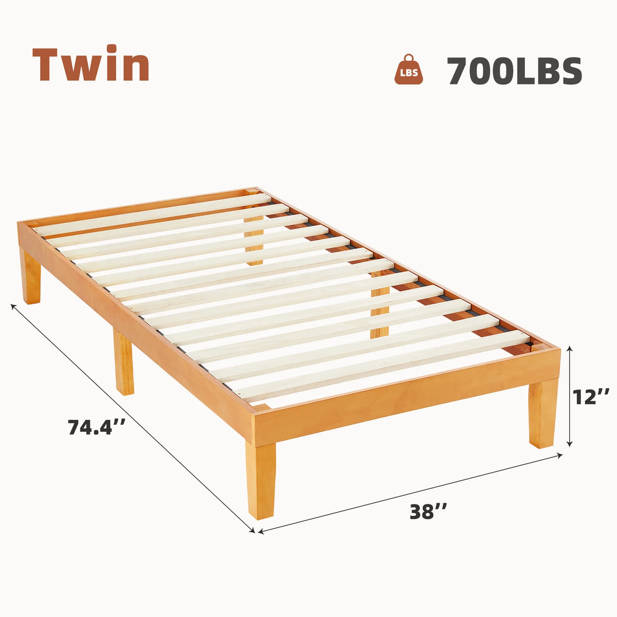 JHK Estrutura de cama de madeira maciça de todos os tamanhos com suporte de ripas de madeira resistente, sem necessidade de molas, fácil montagem, ecológica para sala de estar