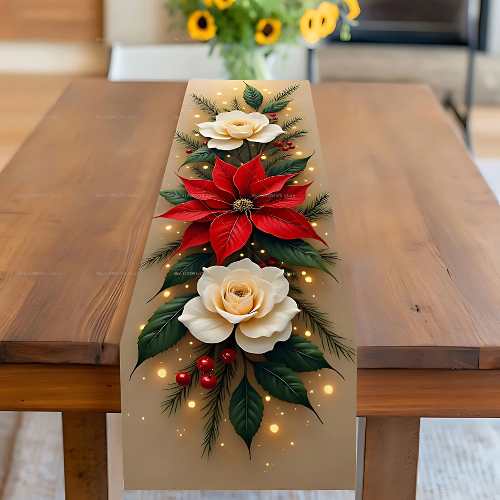 Decorações de Natal, toalha de mesa com estampa de poinsettias e pinhas, toalha de mesa de poliéster, decoração de mesa para festas de Natal e refeições de inverno.