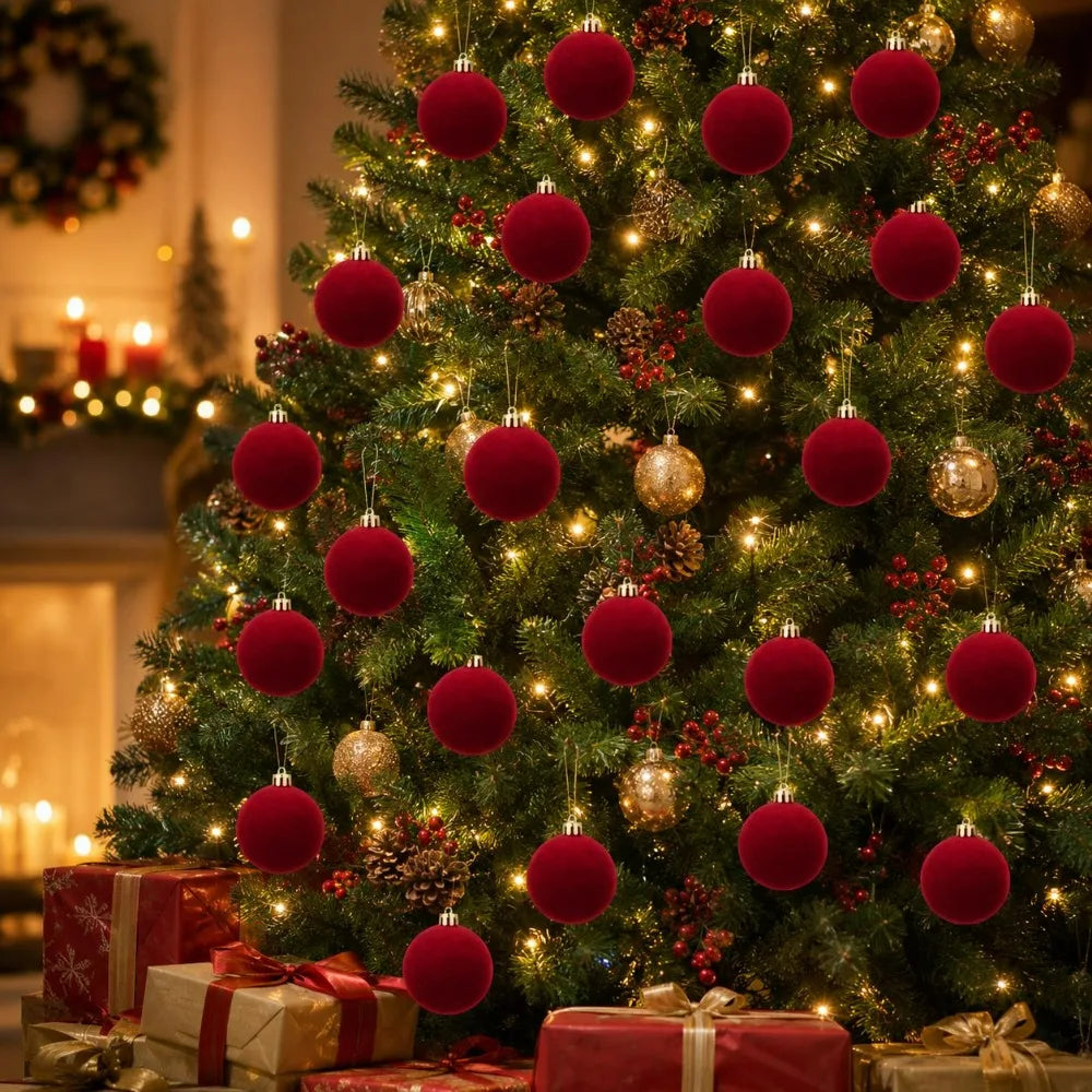 Conjunto de 12 Bolas de Natal em Veludo Burgundy para Decoração de Casa, Ornamento para Halloween, Ação de Graças, Aniversários e Natal
