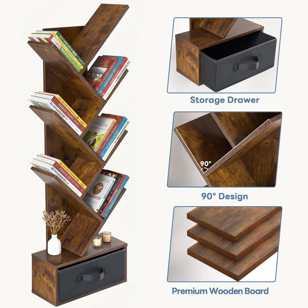 MCQ 7-Tier Tree Bookshelf with Drawer 43IN Wooden Narrow Slim Corner Bookshelf for Small Spaces Geometric Wooden Book Rack