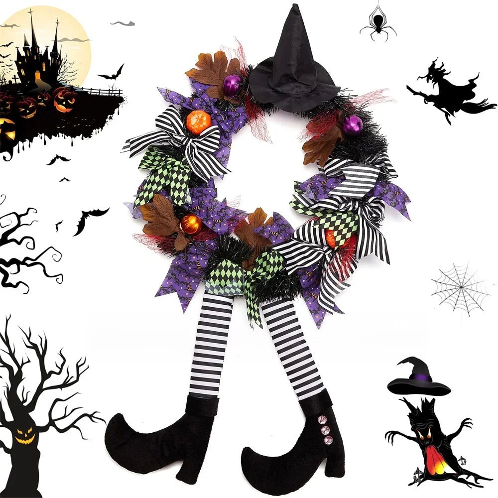 Decorações de grinalda de Halloween para porta, Vintage Witch Leg, Abóbora Maple Leaf, Guirlanda para decoração do partido, ao ar livre