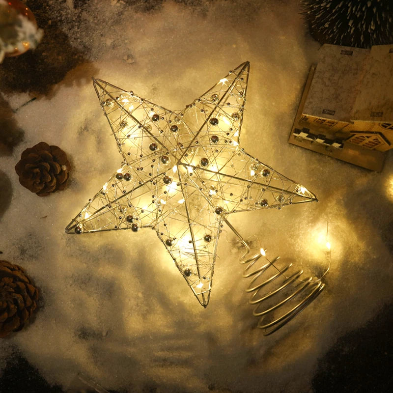 Estrela de Natal para Árvore com Luzes de Fio de Pérola Dourada e Prateada, Decoração de Árvore de Natal, Decoração de Casa para o Ano Novo, Enfeites de Natal.