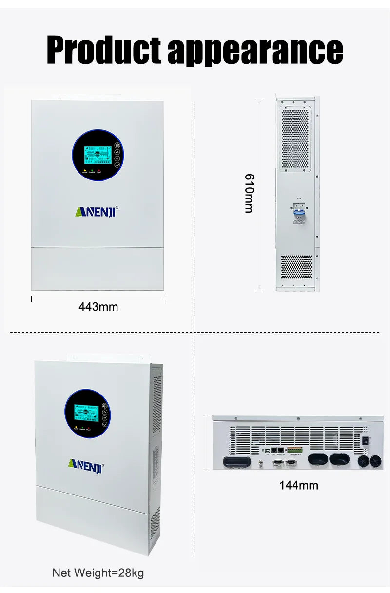 Inversor Solar Híbrido ANENJI de Fase Dividida 12KW 48V com 2 MPPT, AC 120VAC 240VAC, Onda Senoidal Pura, Off Grid, Carregador Solar MPPT 200A, Entrada Dupla PV 500VDC