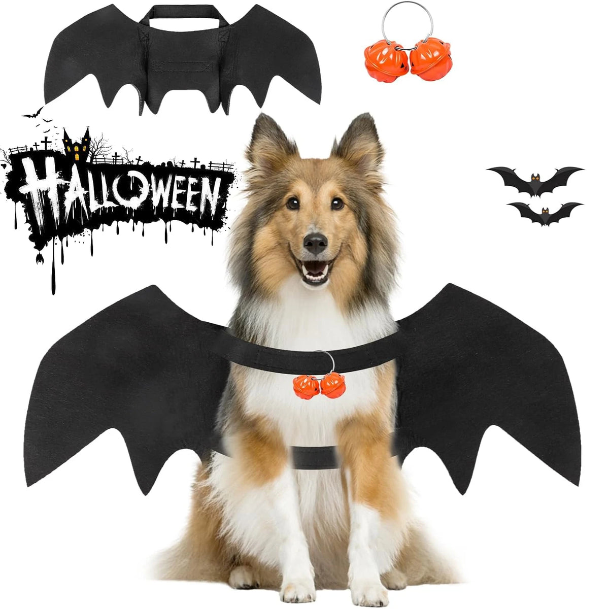 Fantasia de Halloween para Pets: Asas de Morcego para Gatos e Cães com 2 Sinos de Abóbora – Roupa de Cosplay para Gatos e Cães Pequenos – Diversão para Festas e Fantasiar