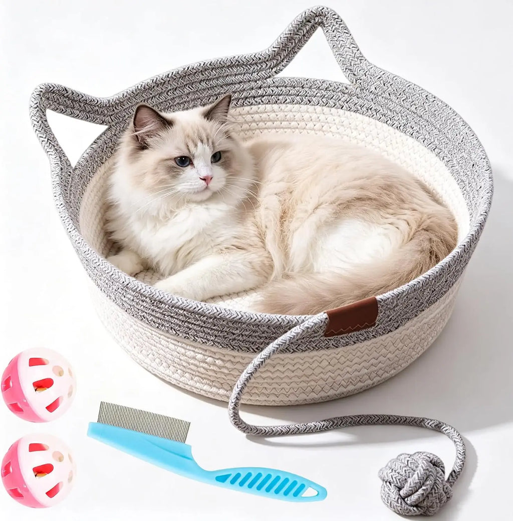 Cesto Cat Instinct - Cama Divertida de Corda de Algodão Tecida à Mão, Equipada com uma Cauda de Brinquedo