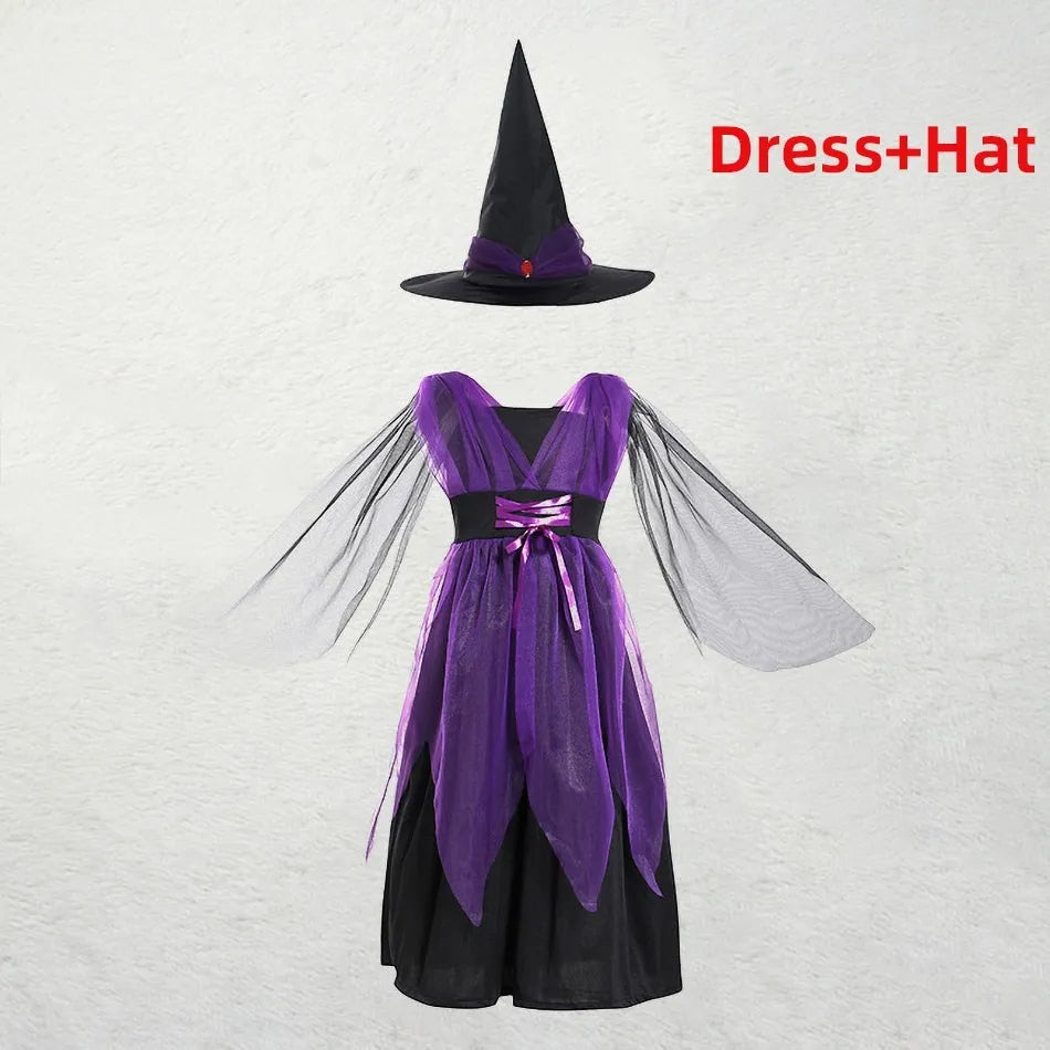 Crianças traje de bruxa meninas conto de fadas feiticeiro vestido crianças halloween abóbora roupas bebê bat aranha festa cosplay outfit 2-15t