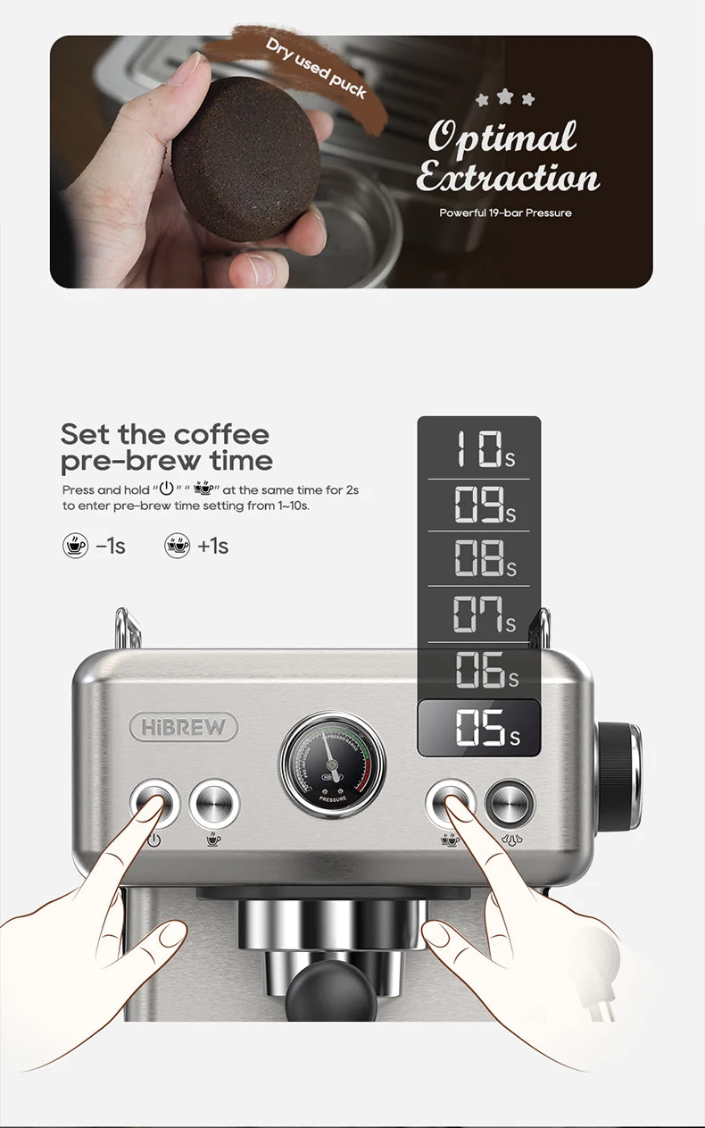 Hibrew 20bar semiautomática máquina de café expresso temperatura ajustável 58mm portátil frio/quente cafeteira metal caseh10a