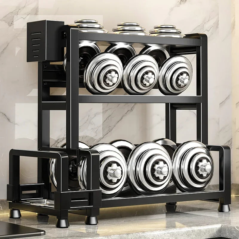 Organizador de Temperos para Cozinha, Suporte de Metal Ajustável de 3 Níveis com Ganchos para Facas, Preto