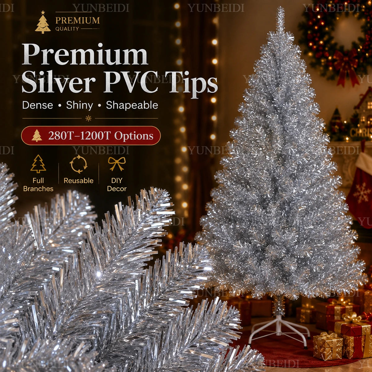 Árvore de Natal Artificial Prateada em PVC 120-240cm de Alta Qualidade com Luzes LED Quentes, Decoração para Festa de Natal em Casa
