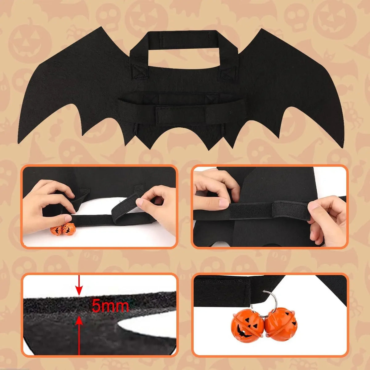 Fantasia de Halloween para Pets: Asas de Morcego para Gatos e Cães com 2 Sinos de Abóbora – Roupa de Cosplay para Gatos e Cães Pequenos – Diversão para Festas e Fantasiar