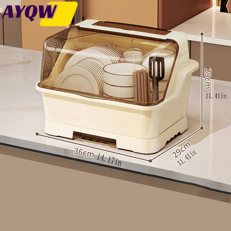Prateleira com tampa - Armário de armazenamento de cozinha que economiza espaço e à prova de poeira, cor creme, organizador de talheres multifuncional com escorredor, adequado para bancadas e armários, rack de pratos para