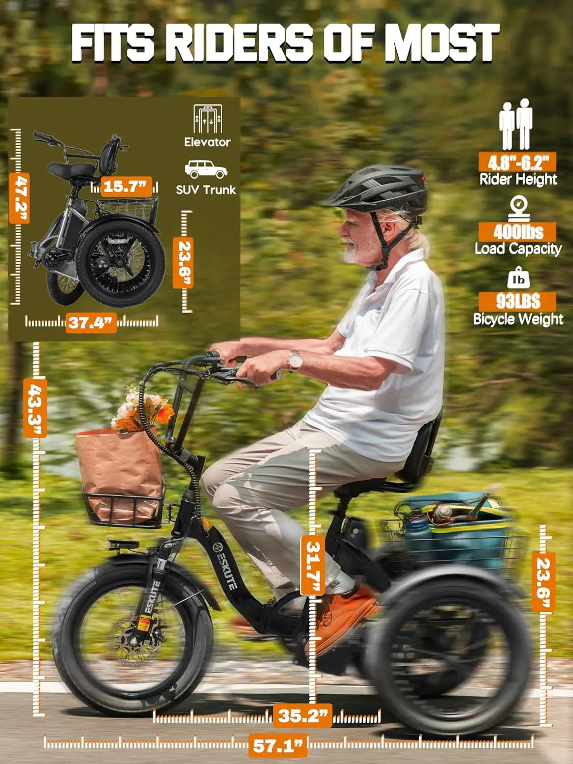 Peak 1200W Folding Electric Trike 18x3.0 Fat Tire 624Wh Battery Step-Thru 3 Wheel Ebike 65 Miles 18 MPH Adults, Customized