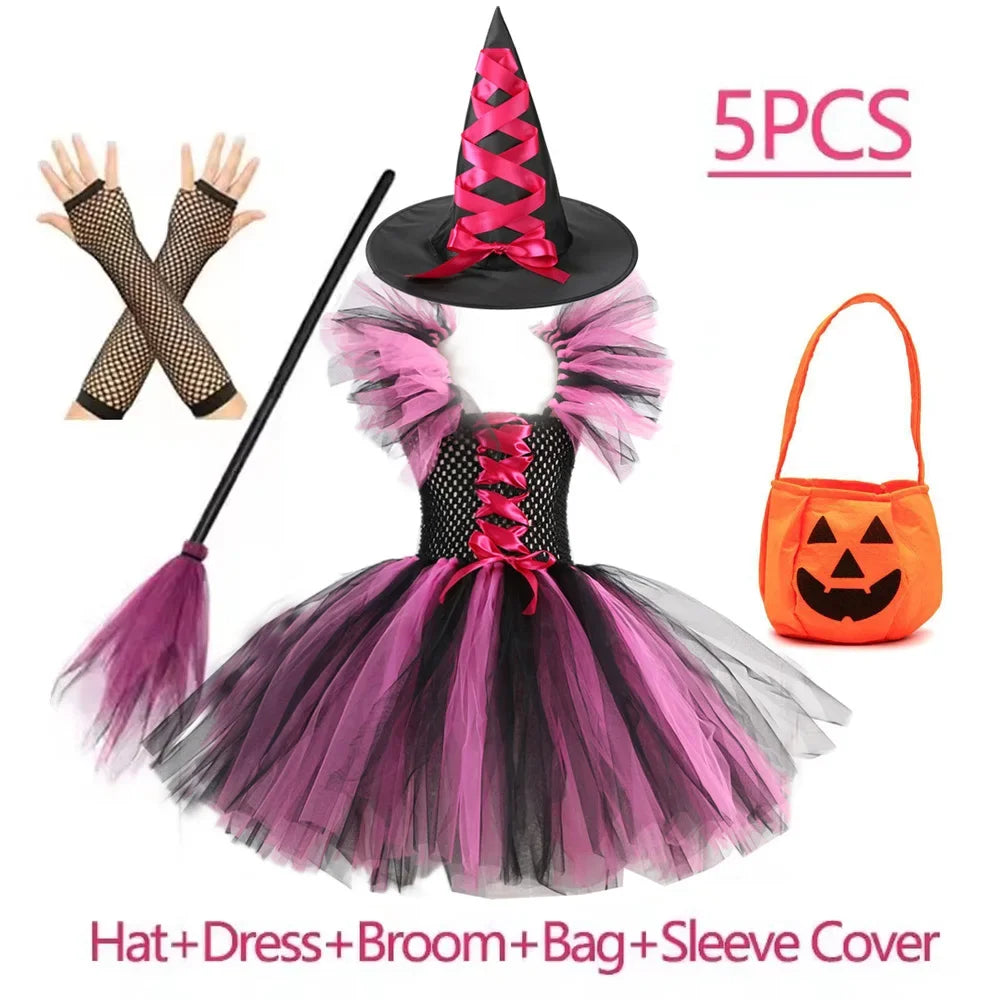 Crianças trajes de bruxa de halloween para meninas carnaval festa fantasia vestido crianças bruxas disfarce tutu roupa com vassoura chapéu