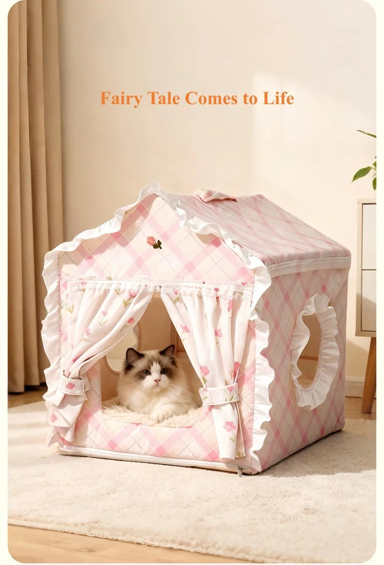 Casa para Gatos Floral Fofa com Tenda, Cama Semi-Fechada Removível e Lavável para Gatos/Cães