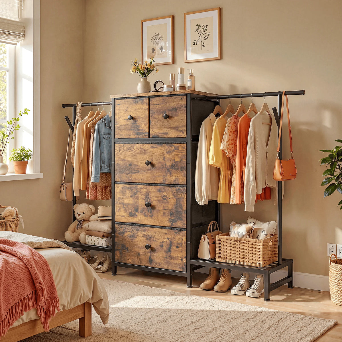 Cômoda e Cabideiro 3 em 1 – 147 cm de Largura com 5 Gavetas e Sapateira, Ganchos Laterais para Armazenamento no Quarto e Closet