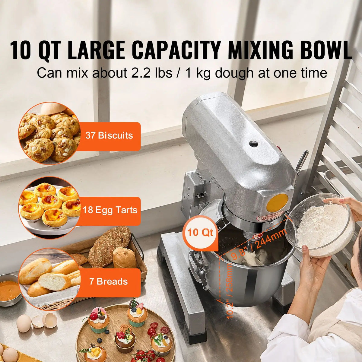 "450W 10Qt Stainless Steel Commercial Food Mixer with Timing Function for Bakery Use"