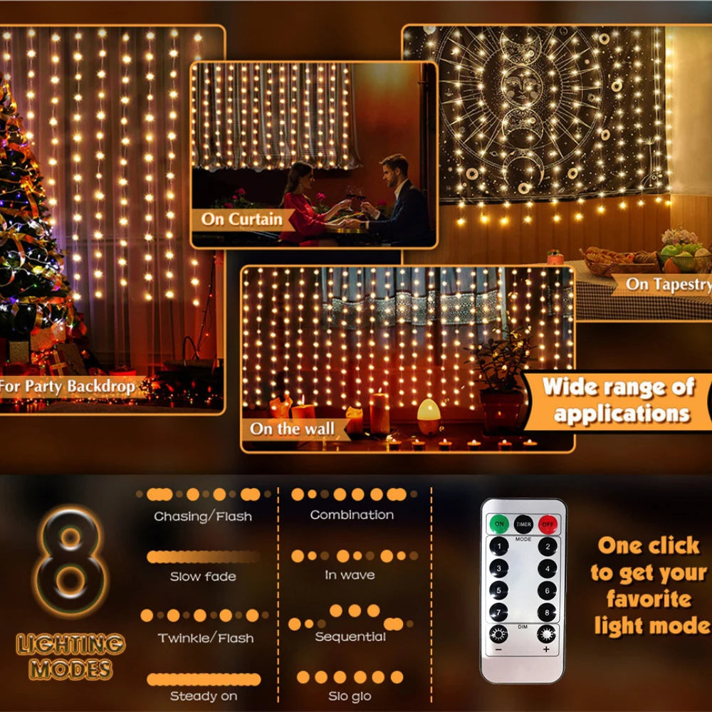 Luzes de Natal LED, Cortina de Luzes de Fada com 8 Modos, Controle Remoto USB, Decoração de Natal para Casa, Lâmpada de Ano Novo