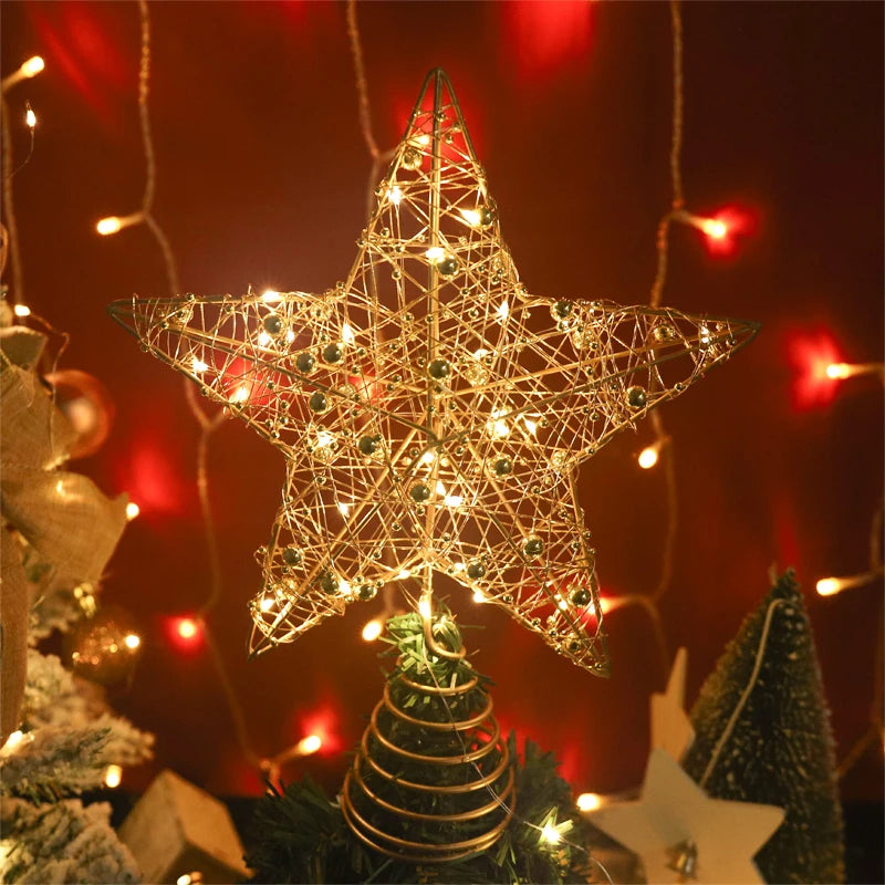Estrela de Natal para Árvore com Luzes de Fio de Pérola Dourada e Prateada, Decoração de Árvore de Natal, Decoração de Casa para o Ano Novo, Enfeites de Natal.