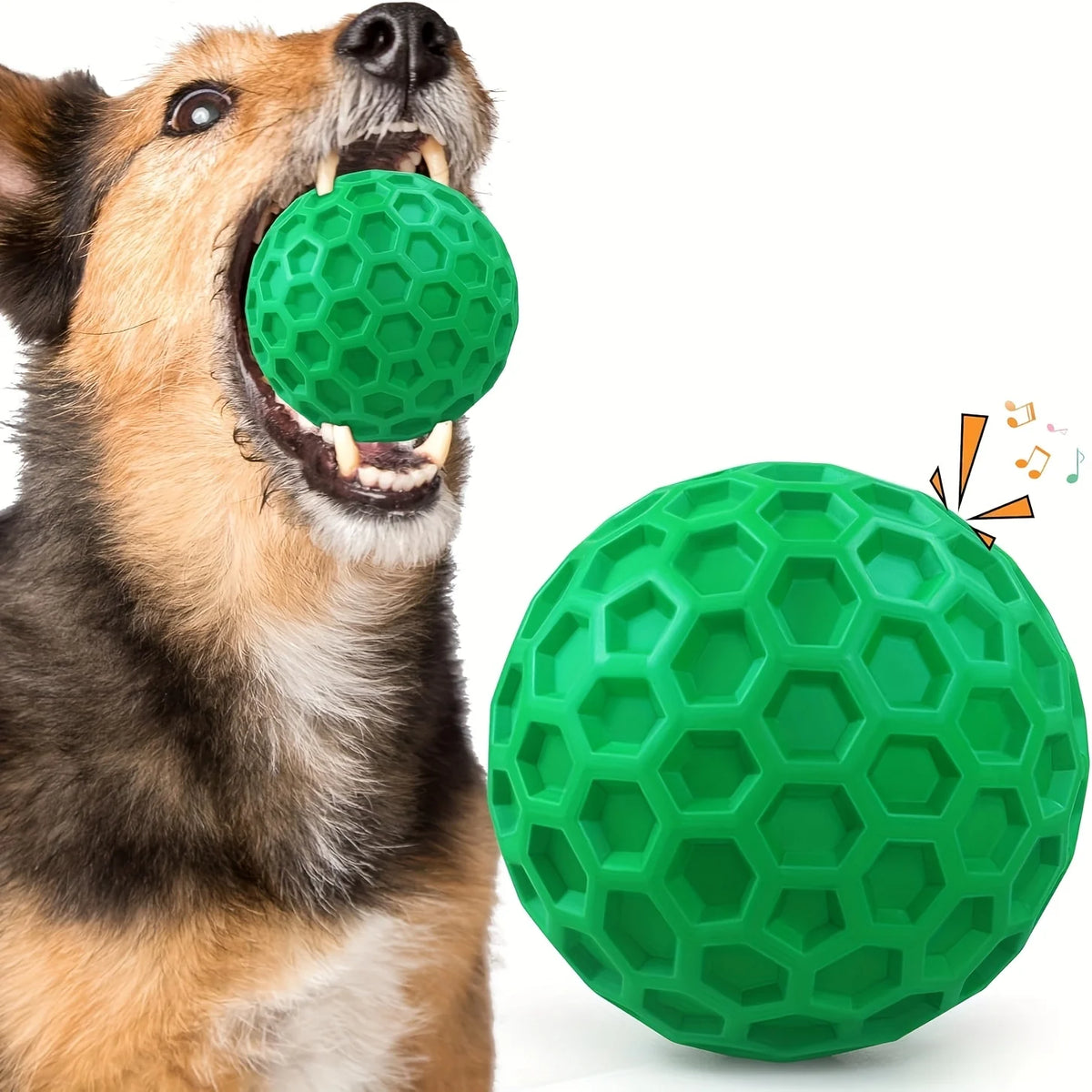 Brinquedo de Borracha Natural Resistente para Cães, Bola Indestrutível com Som para Mastigadores Agressivos, Sabor Carne, Design Hexagonal, Saúde Dental