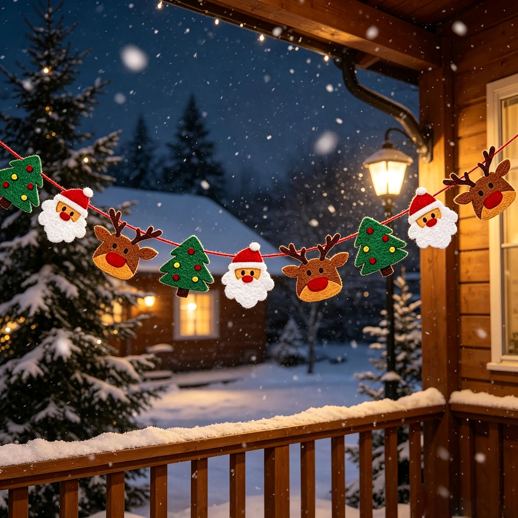 Guirlanda de feltro com tema natalino, incluindo renas, Papai Noel e enfeites de árvore de Natal, para pendurar em festas de inverno e celebrações natalinas.