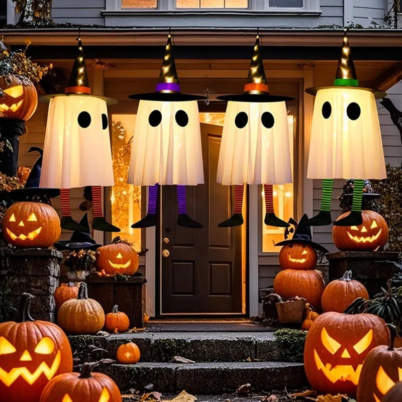 Decorações de Fantasmas Pendurados para Halloween, Luzes de Chapéu de Bruxa para Halloween ao Ar Livre, Fantasmas Brilhantes para Árvores de Jardim, Decoração de Halloween para Quintal