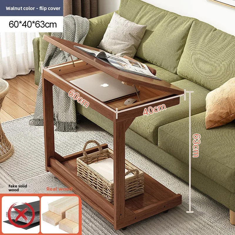 Mesa de centro móvel de madeira maciça, prateleira de armazenamento para sala de estar, mesa lateral dobrável para sofá de sala de estar, mesa de cabeceira de madeira maciça para quarto