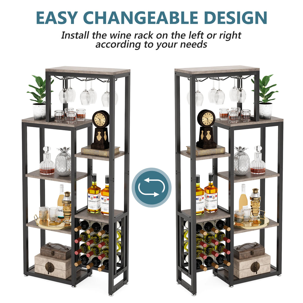 Cremalheira autônoma do vinho do assoalho das tribos com suporte de vidro e armazenamento do vinho, prateleira de exposição industrial do vinho, padeiro Rack, 5-Tier