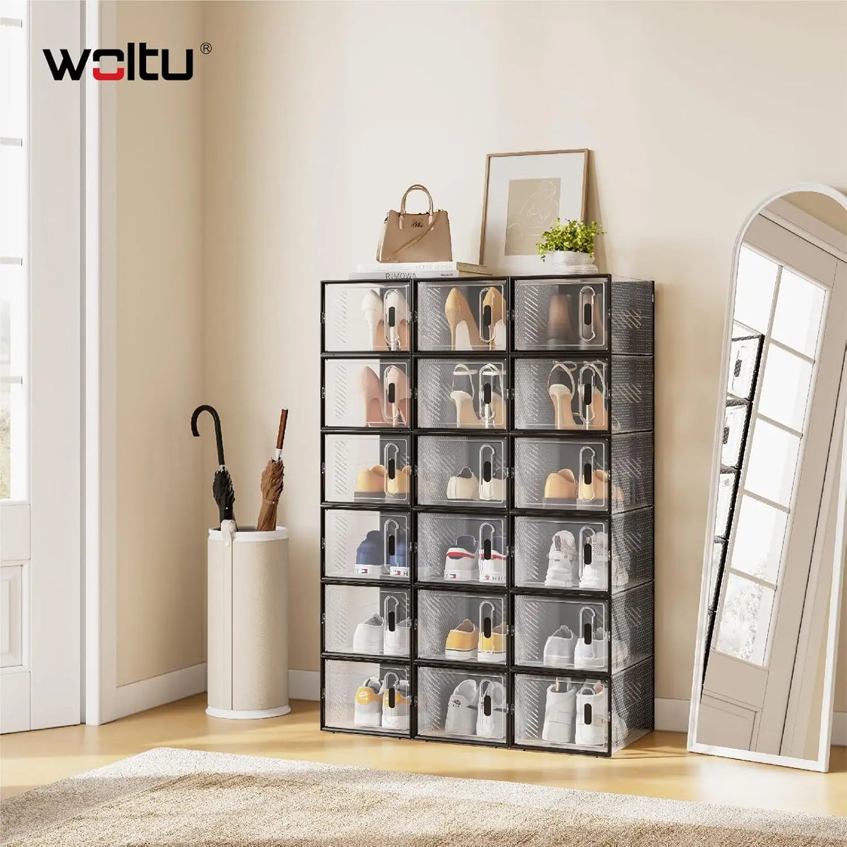 WOLTU 8/12/18PCS Caixas de sapato empilháveis Modular DIY Sapateira Cubos de sapato dobráveis de plástico transparente para corredor sala de estar