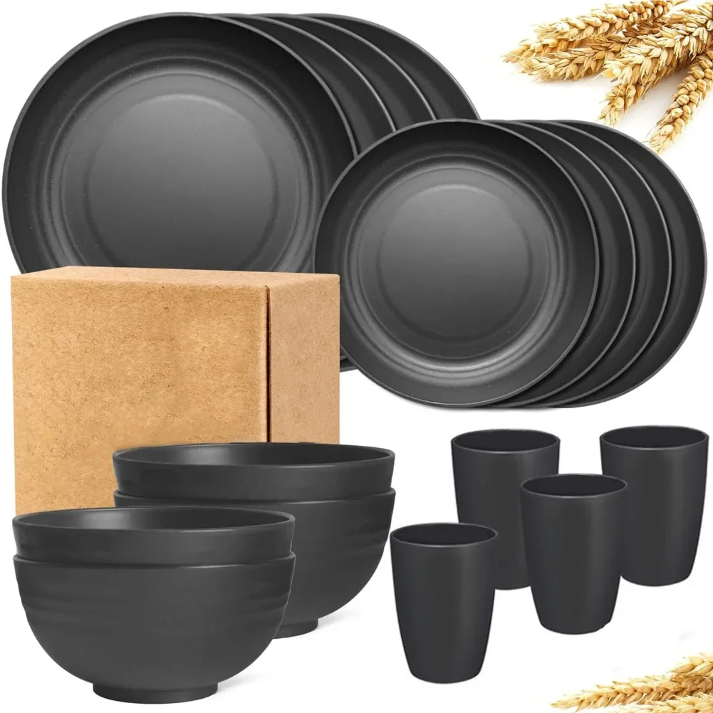 Novo 16 peças/set de pratos de refeição não frágeis, pratos de palha de trigo, conjunto de talheres, máquina de lavar louça de micro-ondas, seguro, utensílios de mesa reutilizáveis