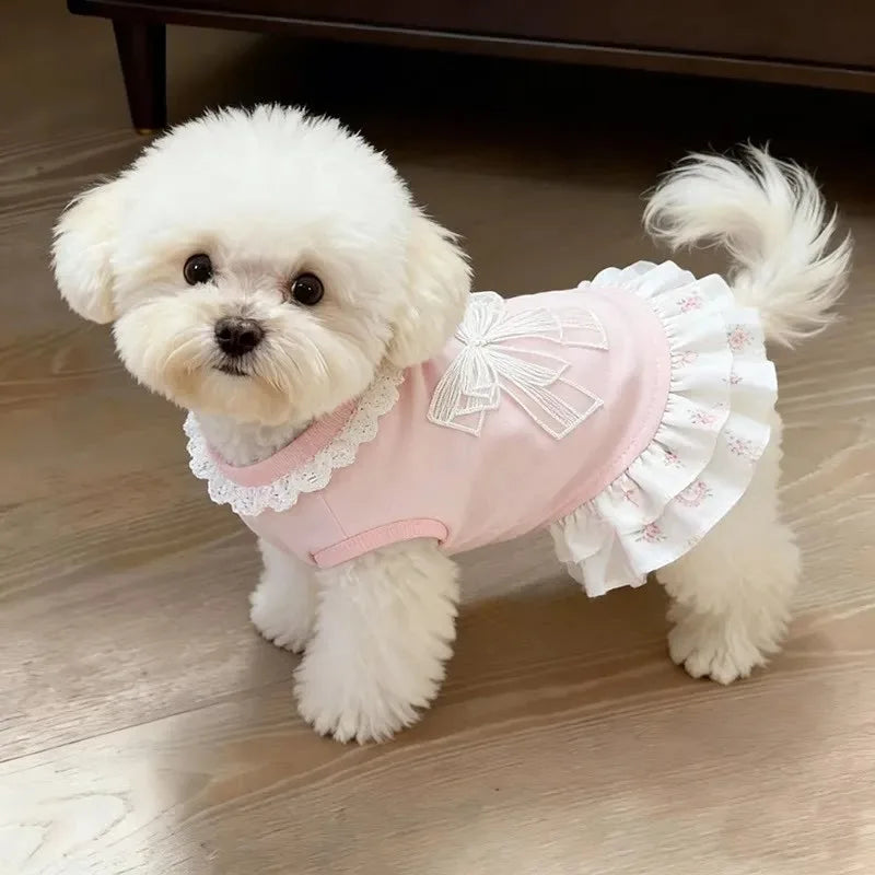 Vestido de Primavera/Verão para Pets, Fino, Rosa, com Laço, Saia Fofa, Roupa Respirável para Cães e Gatos Pequenos, Bichon, Schnauzer, Uso Diário