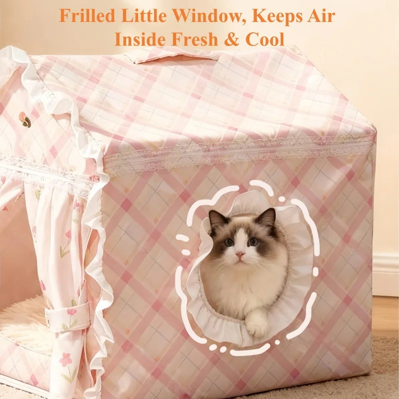 Casa para Gatos Floral Fofa com Tenda, Cama Semi-Fechada Removível e Lavável para Gatos/Cães