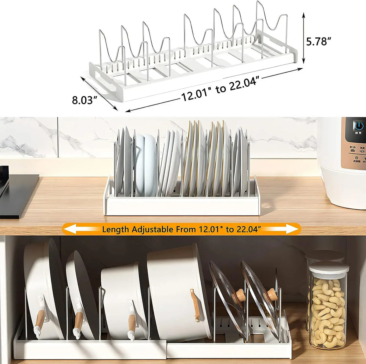 Organizador de Utensílios de Cozinha Expansível com 7 Compartimentos Ajustáveis, Suporte para Panelas, Organizador de Armário